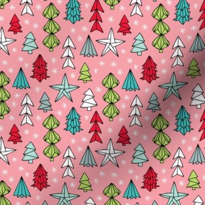 Christmas trees and origami decoration stars seasonal geometric december holiday design pink multi color SMALL