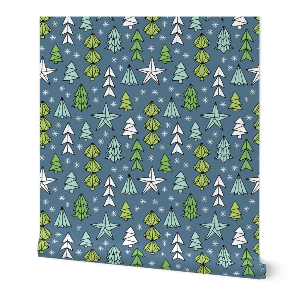 Christmas trees and origami decoration stars seasonal geometric december holiday design green blue night SMALL