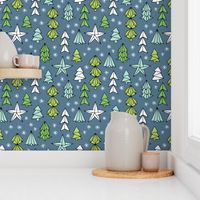 Christmas trees and origami decoration stars seasonal geometric december holiday design green blue night SMALL