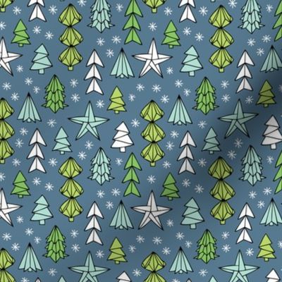 Christmas trees and origami decoration stars seasonal geometric december holiday design green blue night SMALL