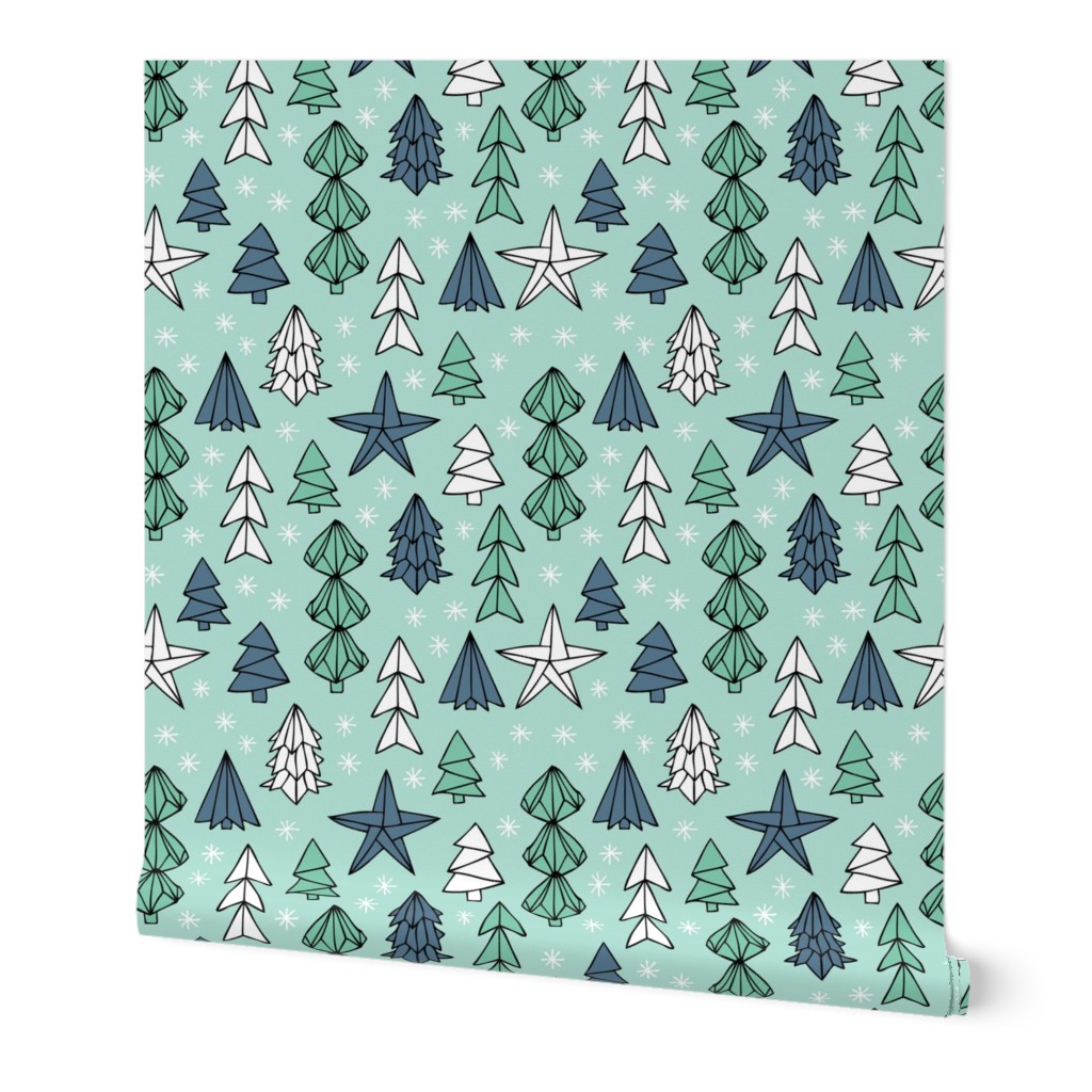 Christmas trees and origami decoration stars seasonal geometric december holiday design mint blue SMALL