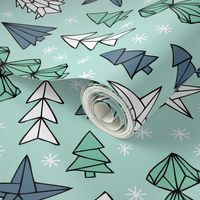 Christmas trees and origami decoration stars seasonal geometric december holiday design mint blue SMALL