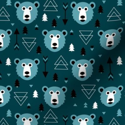 Christmas tree grizzly bear with arrows and geometric triangle shapes winter blue