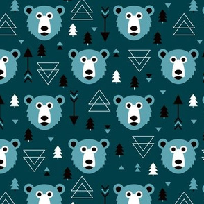 Christmas tree grizzly bear with arrows and geometric triangle shapes winter blue