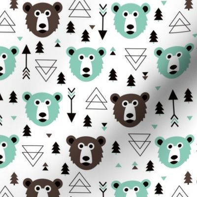 Christmas tree grizzly bear with arrows and geometric triangle shapes winter mint