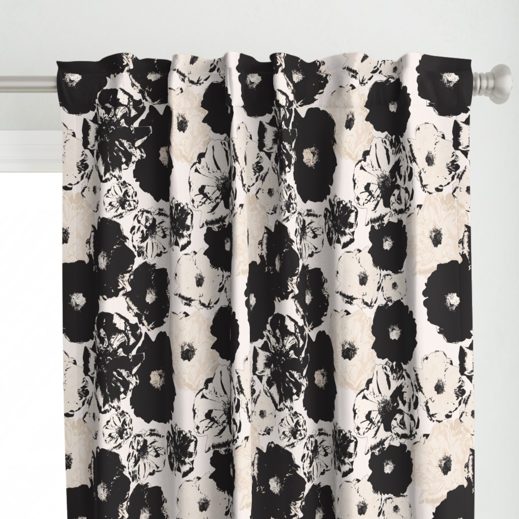 Vintage Rose | Black & Cream Curtain Panel | Spoonflower