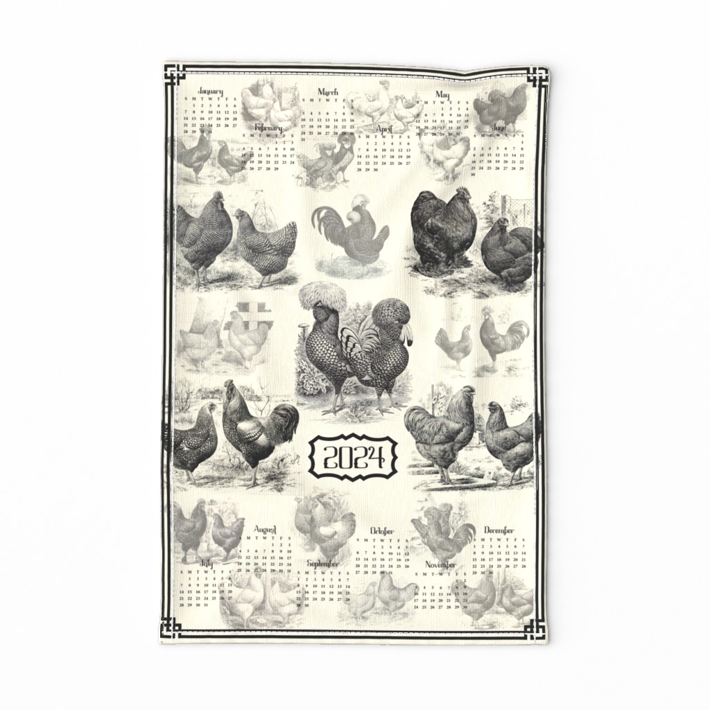 Poultry Envy Tea Towel Toile 2024 Calendar Cream Black