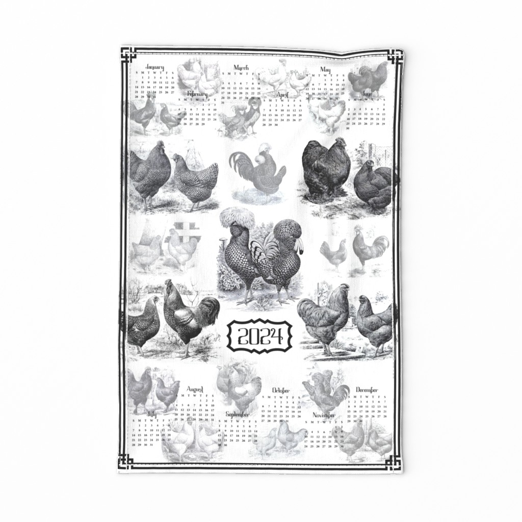 Poultry Envy Tea Towel Toile 2024 Calendar White Black