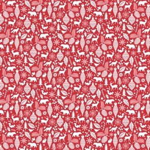 Woodland Forest Christmas Doodle with Deer,Bear,Snowflakes,Trees, Pinecone in Red tiny small