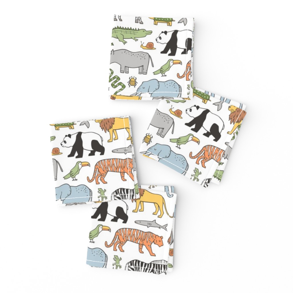 Zoo Jungle Animals Doodle with Panda, Giraffe, Lion, Tiger, Elephant, Zebra,  Birds