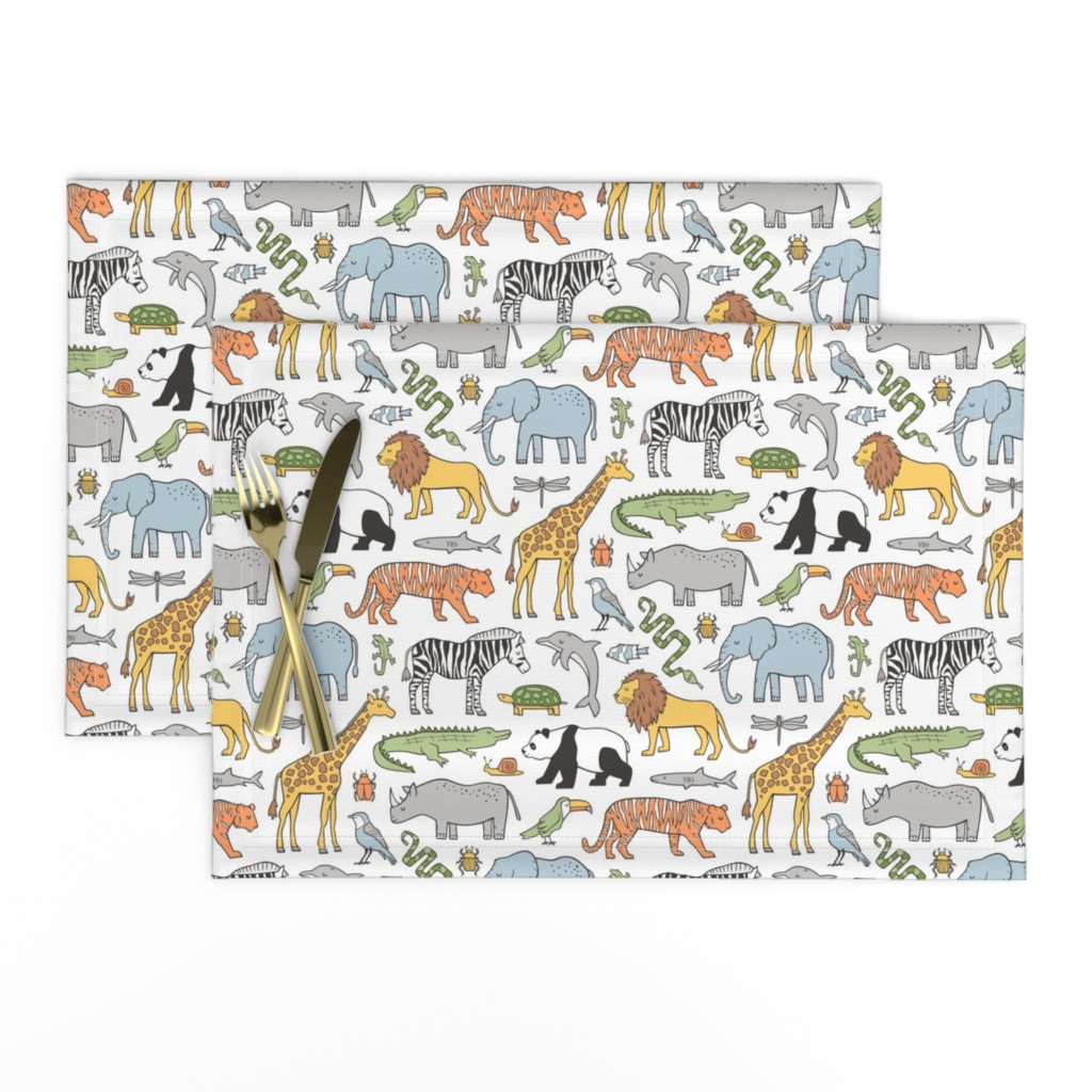 Zoo Jungle Animals Doodle with Panda, Giraffe, Lion, Tiger, Elephant, Zebra,  Birds