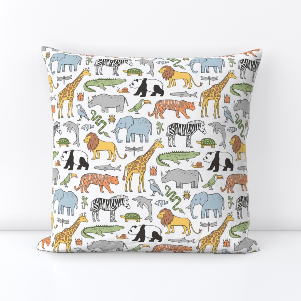 Zoo Jungle Animals Doodle with Panda, Giraffe, Lion, Tiger, Elephant, Zebra,  Birds