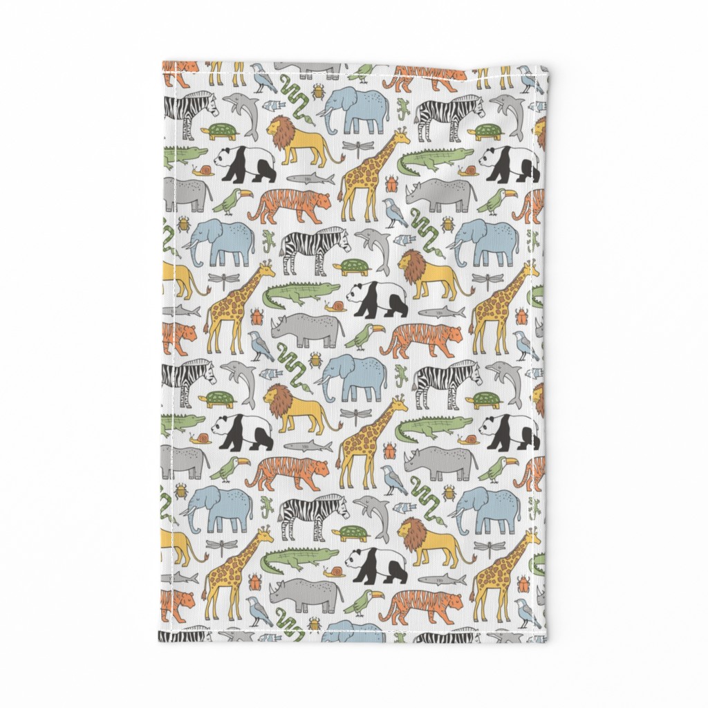 Zoo Jungle Animals Doodle with Panda, Giraffe, Lion, Tiger, Elephant, Zebra,  Birds