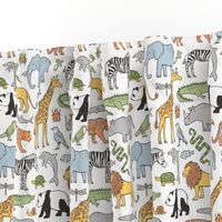 Zoo Jungle Animals Doodle with Panda, Giraffe, Lion, Tiger, Elephant, Zebra,  Birds