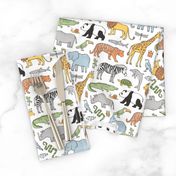 Zoo Jungle Animals Doodle with Panda, Giraffe, Lion, Tiger, Elephant, Zebra,  Birds