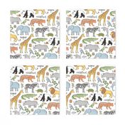 Zoo Jungle Animals Doodle with Panda, Giraffe, Lion, Tiger, Elephant, Zebra,  Birds