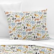 Zoo Jungle Animals Doodle with Panda, Giraffe, Lion, Tiger, Elephant, Zebra,  Birds