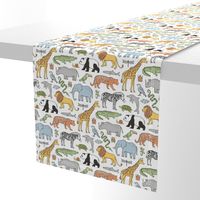 Zoo Jungle Animals Doodle with Panda, Giraffe, Lion, Tiger, Elephant, Zebra,  Birds