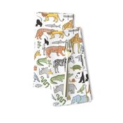 Zoo Jungle Animals Doodle with Panda, Giraffe, Lion, Tiger, Elephant, Zebra,  Birds