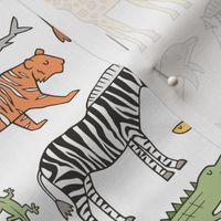 Zoo Jungle Animals Doodle with Panda, Giraffe, Lion, Tiger, Elephant, Zebra,  Birds