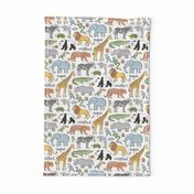 Zoo Jungle Animals Doodle with Panda, Giraffe, Lion, Tiger, Elephant, Zebra,  Birds