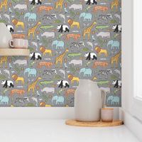 Zoo Jungle Animals Doodle with Panda, Giraffe, Lion, Tiger, Elephant, Zebra,  Birds on Dark Grey