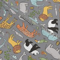 Zoo Jungle Animals Doodle with Panda, Giraffe, Lion, Tiger, Elephant, Zebra,  Birds on Dark Grey