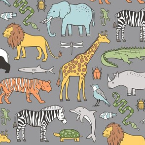 Zoo Jungle Animals Doodle with Panda, Giraffe, Lion, Tiger, Elephant, Zebra,  Birds on Dark Grey