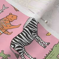 Zoo Jungle Animals Doodle with Panda, Giraffe, Lion, Tiger, Elephant, Zebra,  Birds on Pink