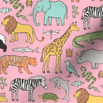 Zoo Jungle Animals Doodle with Panda, Giraffe, Lion, Tiger, Elephant, Zebra,  Birds on Pink