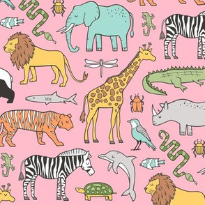 Zoo Jungle Animals Doodle with Panda, Giraffe, Lion, Tiger, Elephant, Zebra,  Birds on Pink