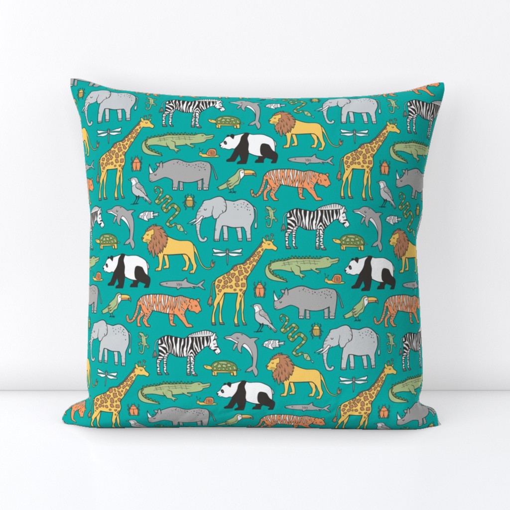 Zoo Jungle Animals Doodle with Panda, Giraffe, Lion, Tiger, Elephant, Zebra,  Birds on Green