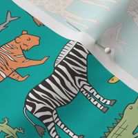 Zoo Jungle Animals Doodle with Panda, Giraffe, Lion, Tiger, Elephant, Zebra,  Birds on Green