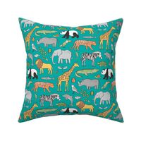 Zoo Jungle Animals Doodle with Panda, Giraffe, Lion, Tiger, Elephant, Zebra,  Birds on Green