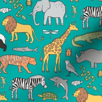 Zoo Jungle Animals Doodle with Panda, Giraffe, Lion, Tiger, Elephant, Zebra,  Birds on Green