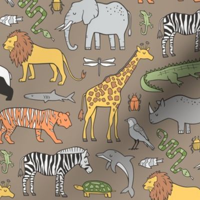 Zoo Jungle Animals Doodle with Panda, Giraffe, Lion, Tiger, Elephant, Zebra,  Birds on Brown