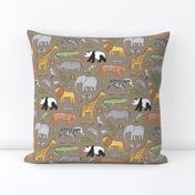 Zoo Jungle Animals Doodle with Panda, Giraffe, Lion, Tiger, Elephant, Zebra,  Birds on Brown