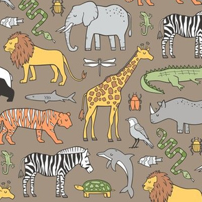 Zoo Jungle Animals Doodle with Panda, Giraffe, Lion, Tiger, Elephant, Zebra,  Birds on Brown