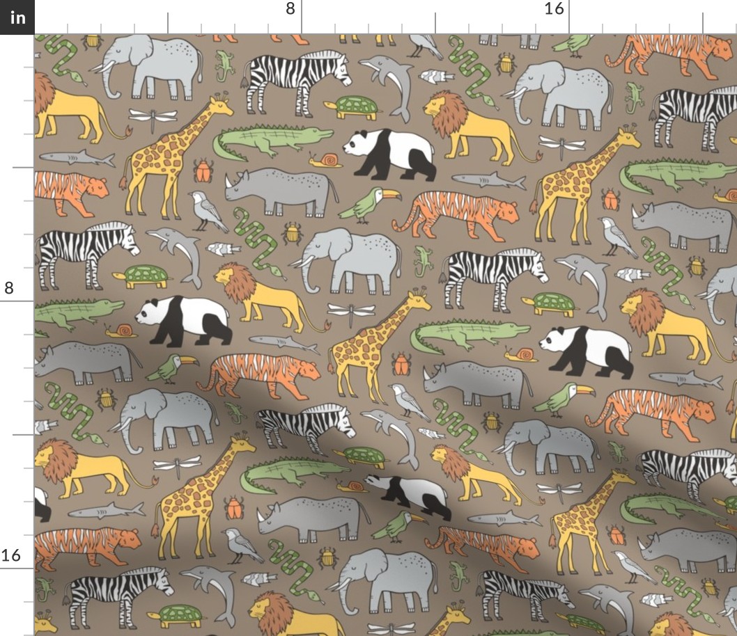 Zoo Jungle Animals Doodle with Panda, Giraffe, Lion, Tiger, Elephant, Zebra,  Birds on Brown