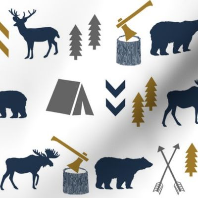 camping bear nursery gold navy grey charcoal kids boys nursery fabrics