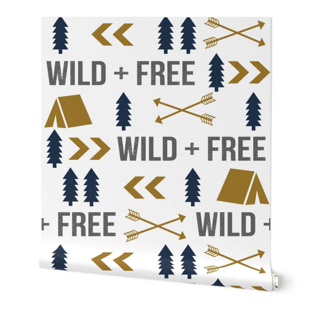wild and free camping outdoors kids fabric gold navy blue