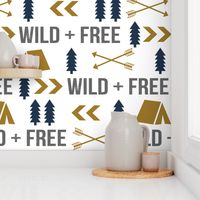 wild and free camping outdoors kids fabric gold navy blue