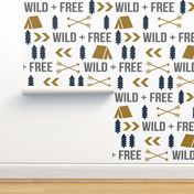 wild and free camping outdoors kids fabric gold navy blue