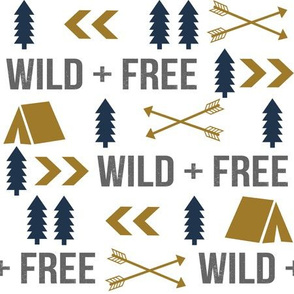 wild and free camping outdoors kids fabric gold navy blue