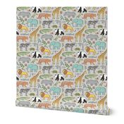 Zoo Jungle Animals Doodle with Panda, Giraffe, Lion, Tiger, Elephant, Zebra,  Birds on  Grey