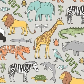 Zoo Jungle Animals Doodle with Panda, Giraffe, Lion, Tiger, Elephant, Zebra,  Birds on  Grey