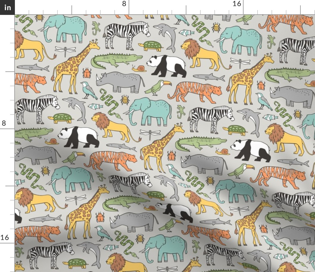 Zoo Jungle Animals Doodle with Panda, Giraffe, Lion, Tiger, Elephant, Zebra,  Birds on  Grey