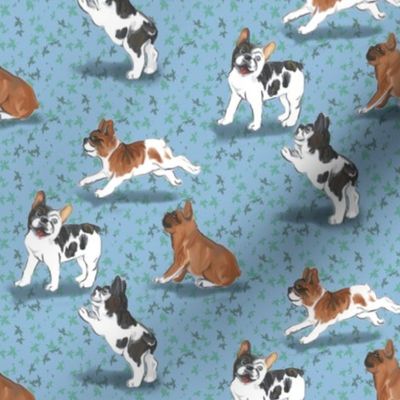 Frolicking French Bulldogs on Blue