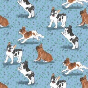 Frolicking French Bulldogs on Blue