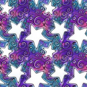 White Stars on Purple Pink Blue Watercolor